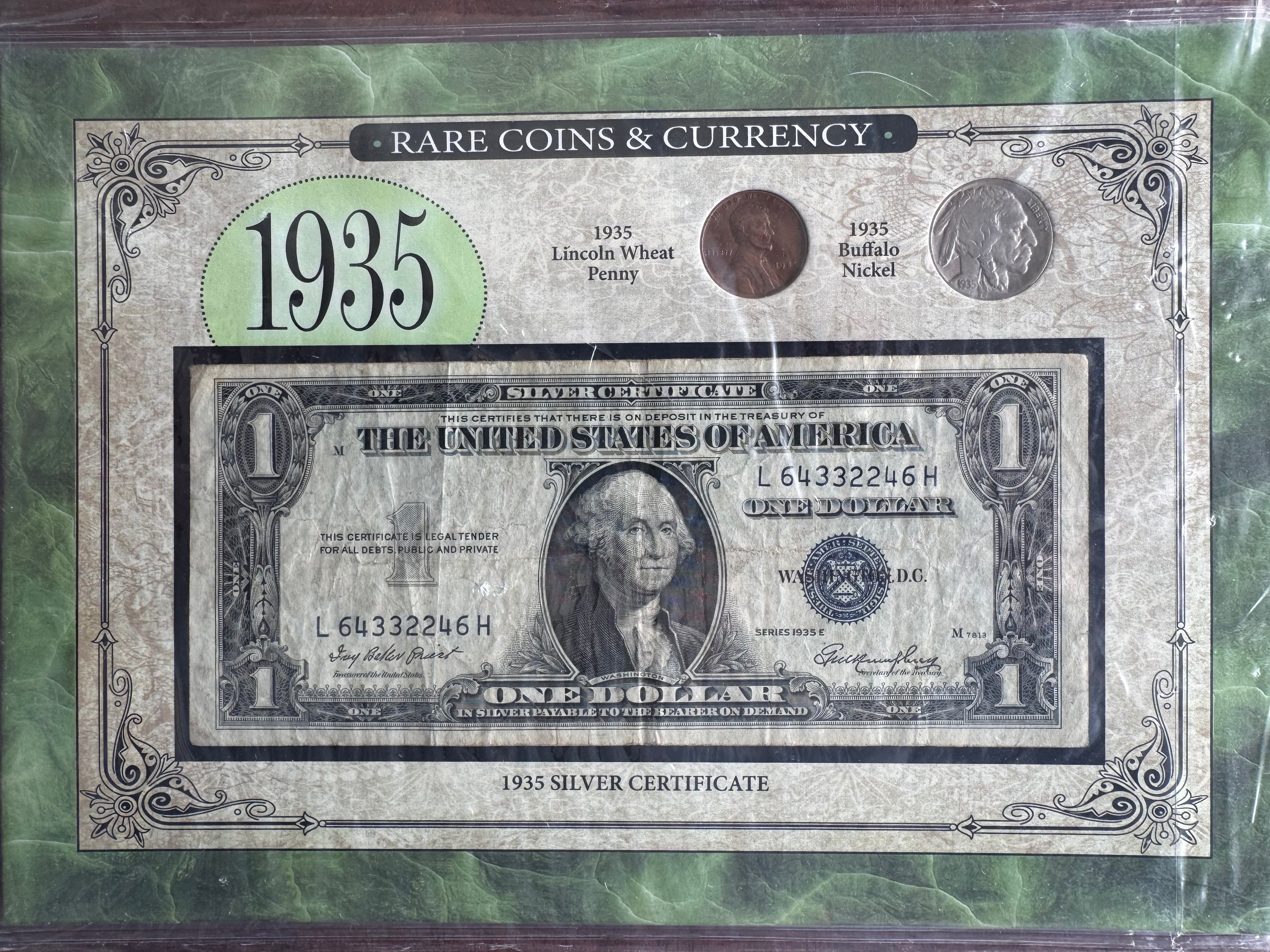 1935 $1 Silver Certificate Series E, 1935 Lincoln Wheat penny, and a 1935 Buffalo nickel.