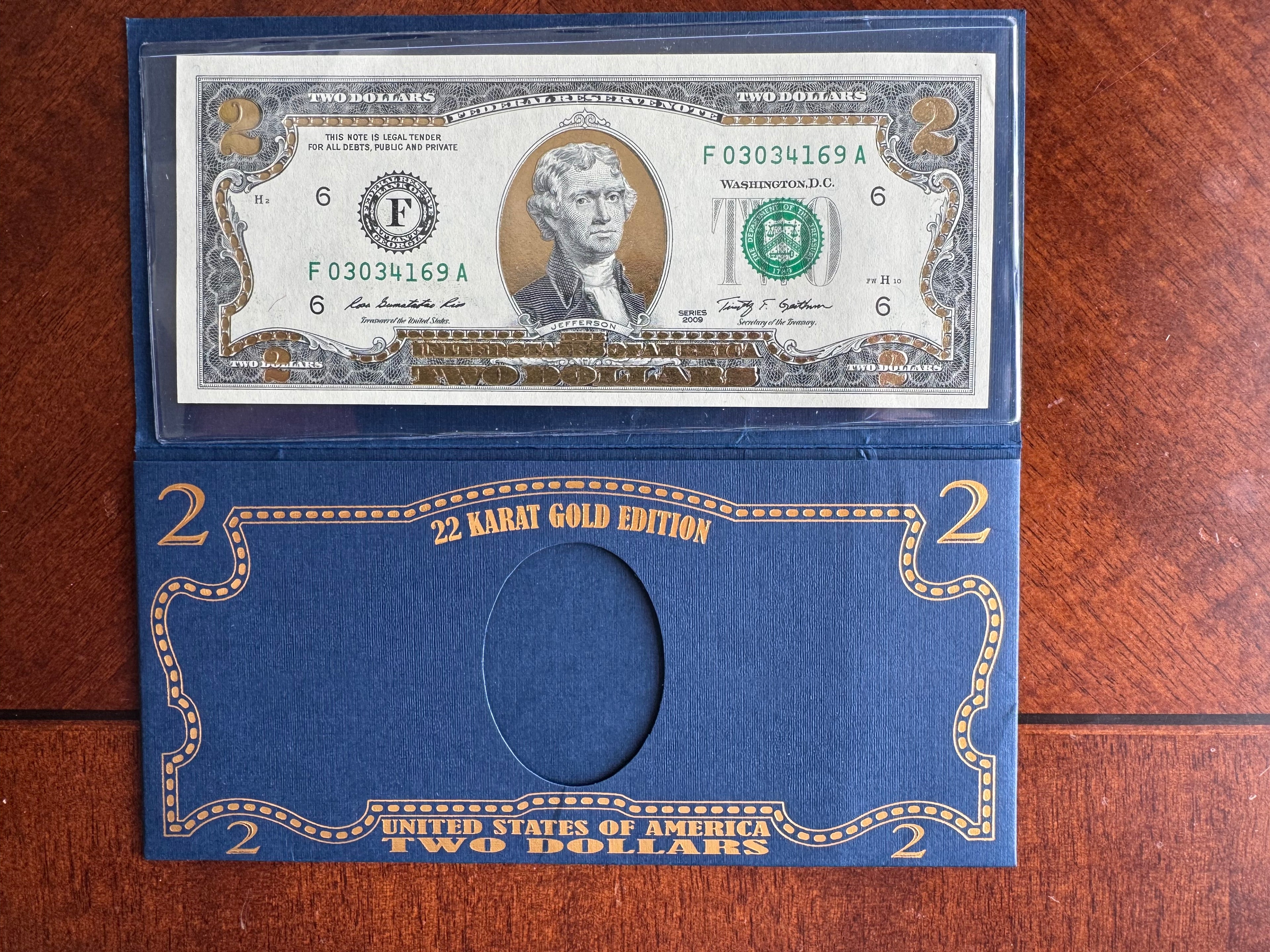 22 Karat Gold Edition 2009 $2 Bill