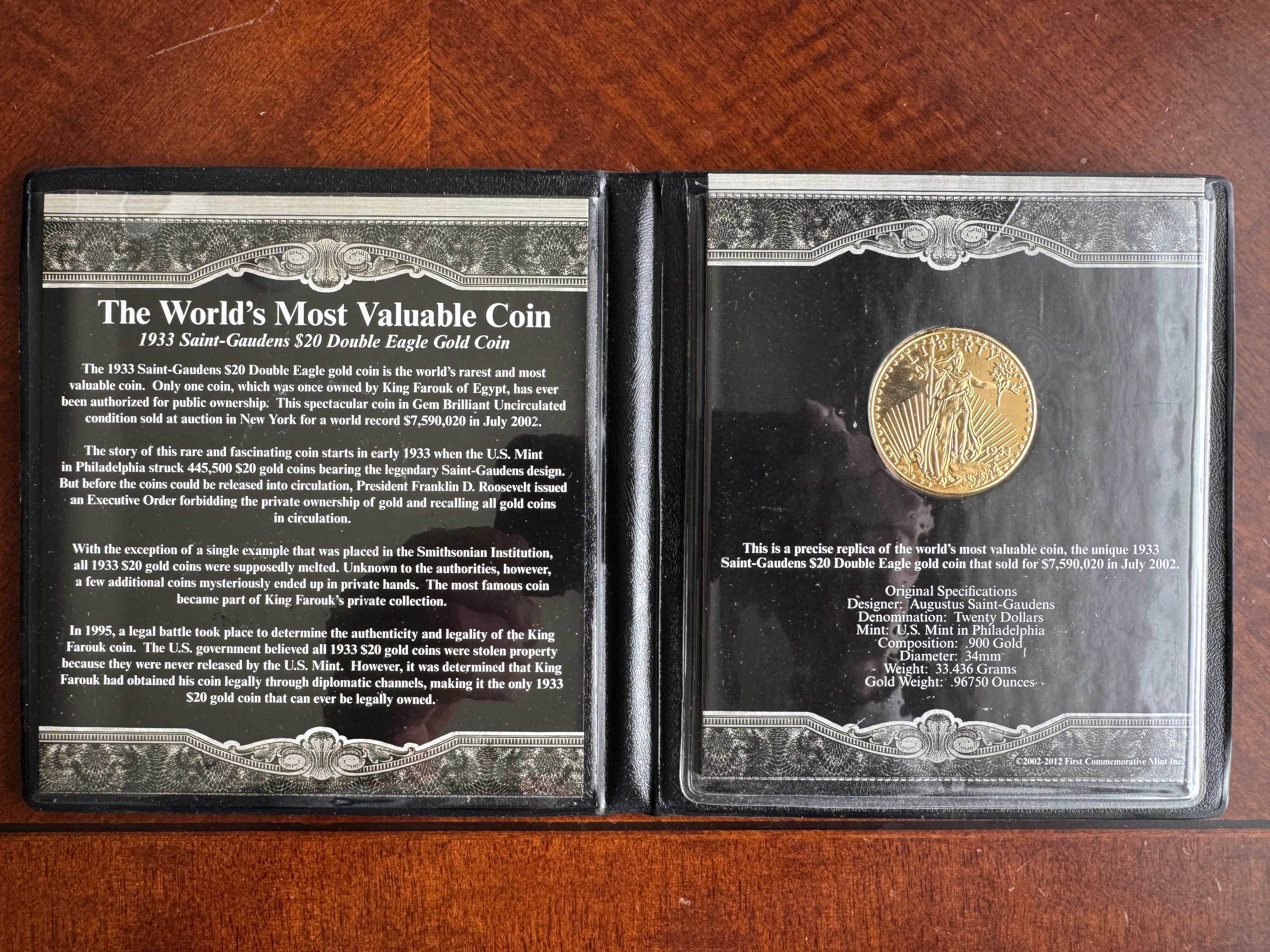 Replica Gold Plated 1933 Saint-Gaudens $20 Double Eagle - World's Most Valuable Coin