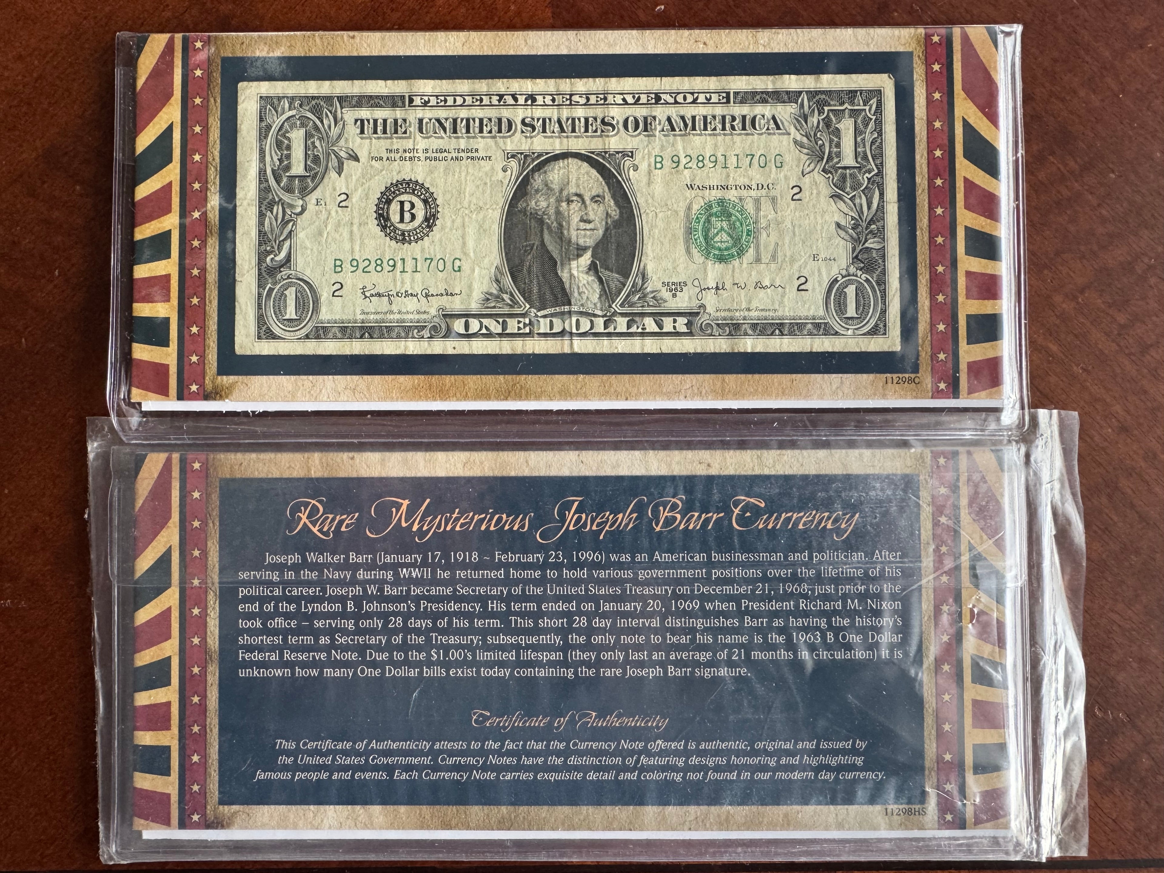 1963 $1 Rare Mysterious Joseph Barr Federal Reserve Note